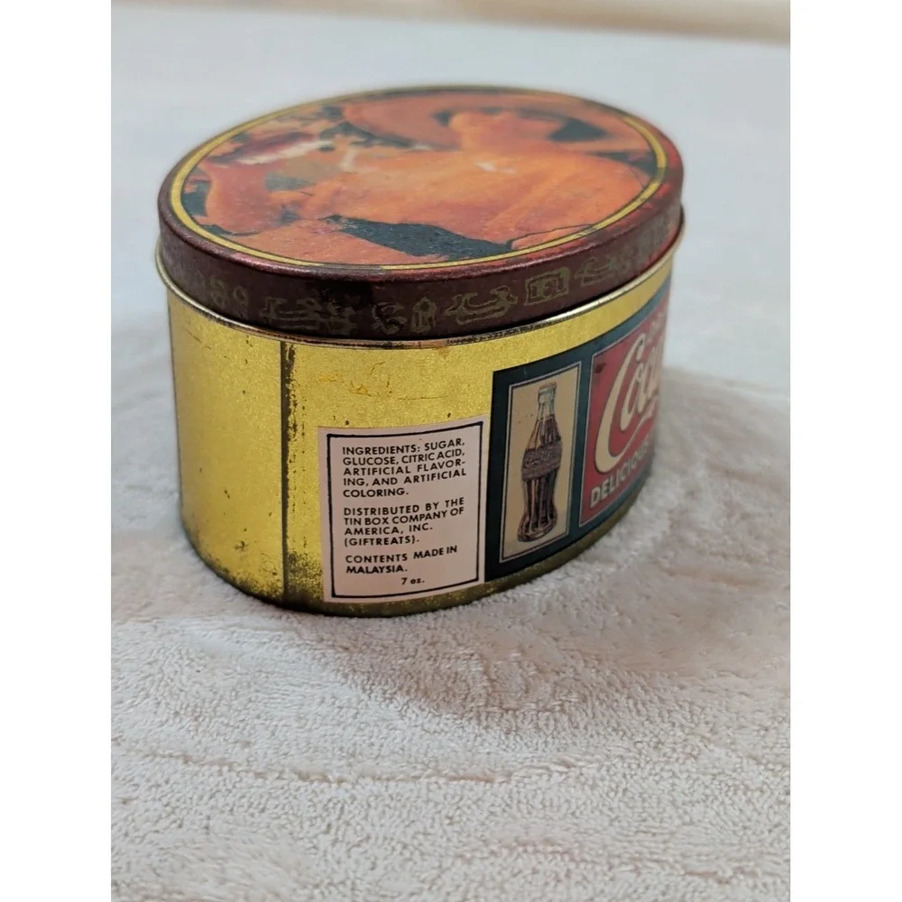 Vtg 1984 Coca-Cola Candy Tin Oval Gold Metal Tin Box Company 1980s Soda‎ Decor